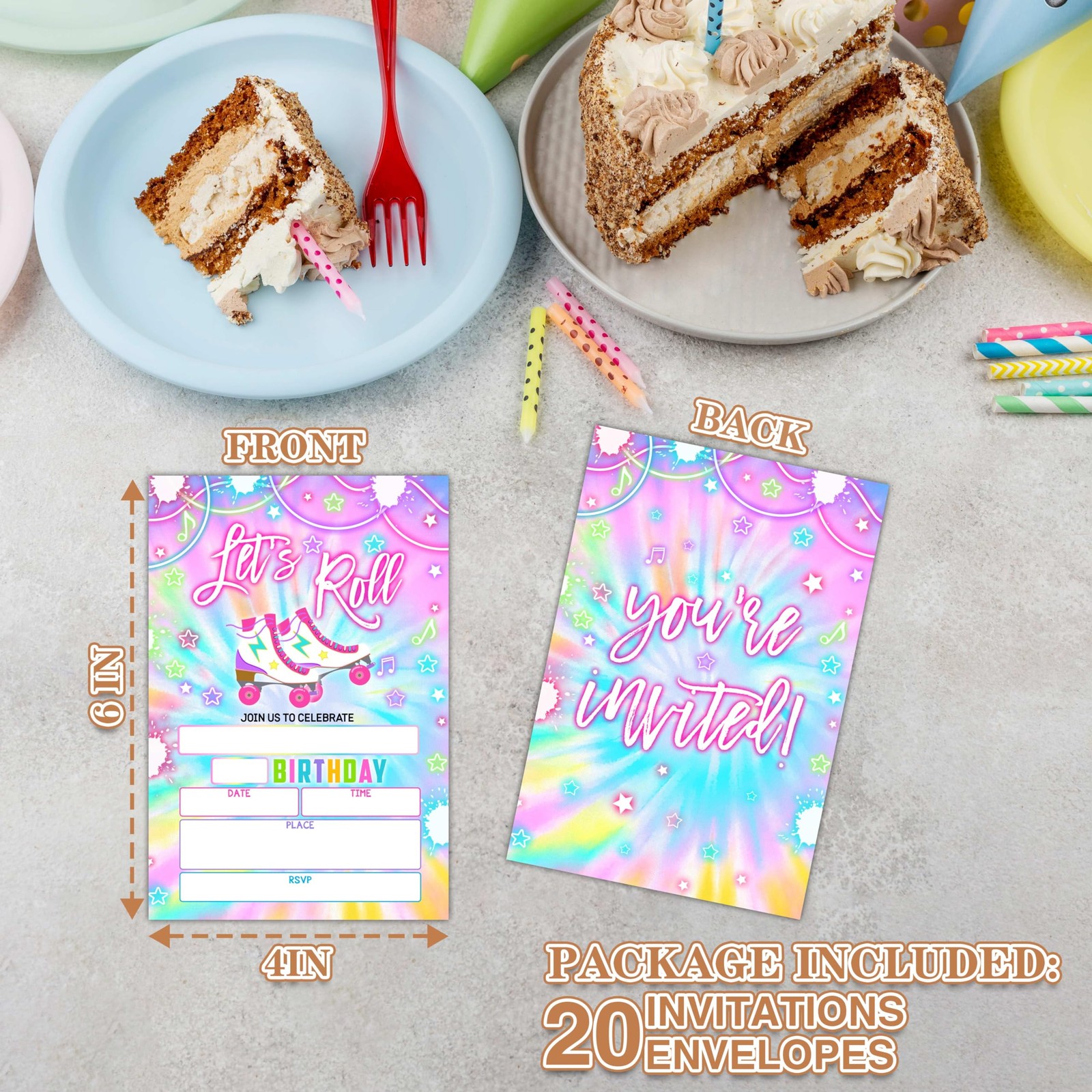 20 PCS Tie Dye Roller Skating Birthday Party Invitations With Envelopes 04
