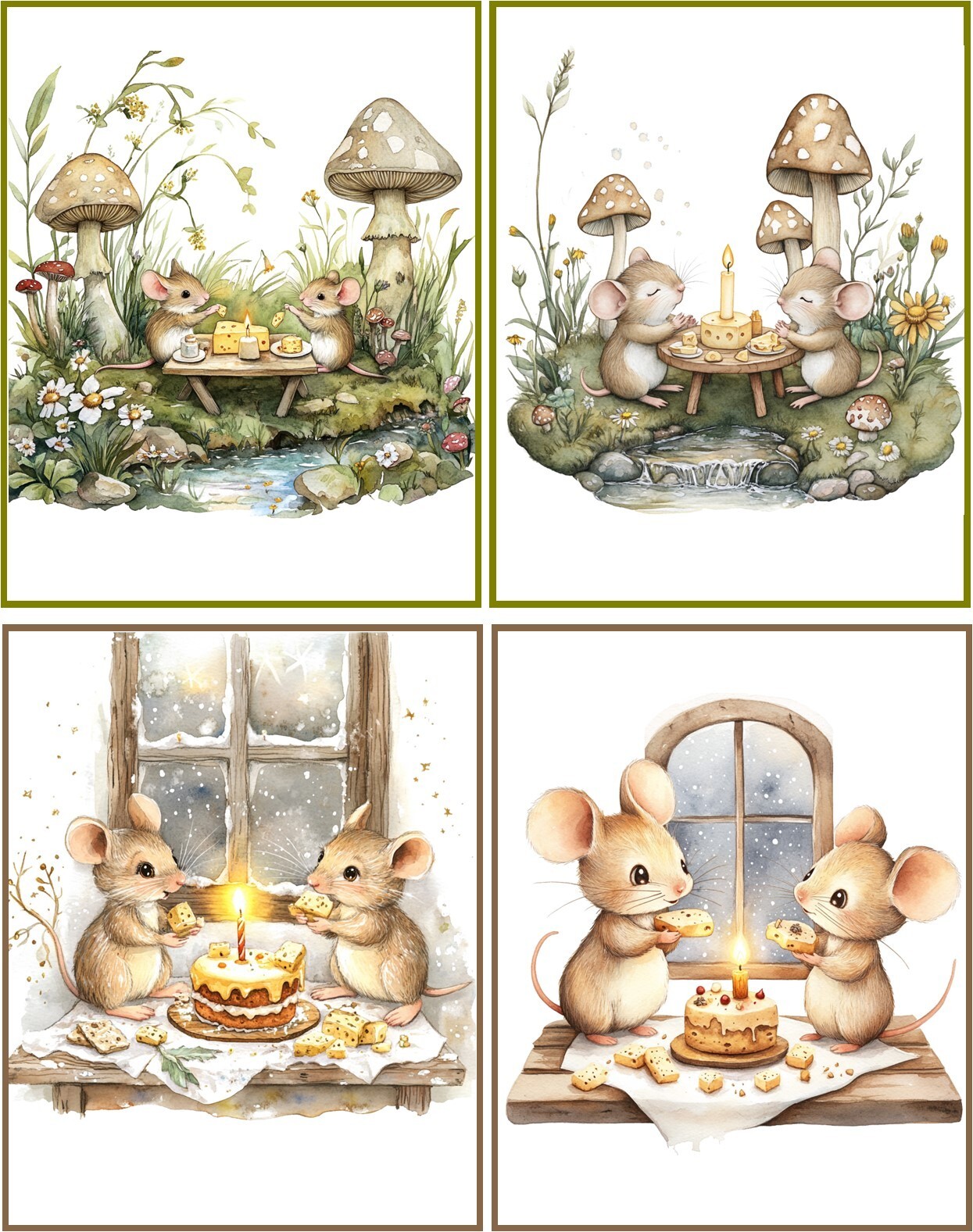 8 Mice Mouse Vintage Victorian tea party glossy blank note card with organza bag