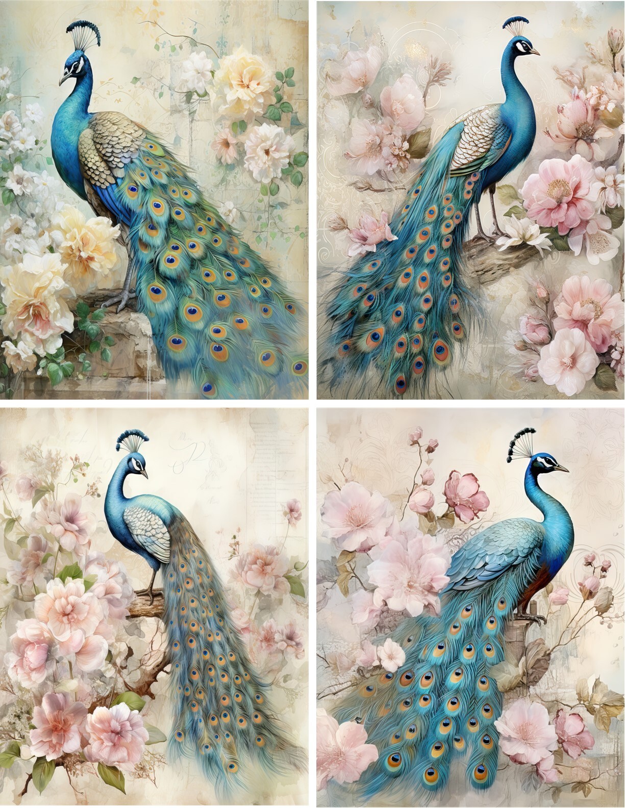 8 Peacocks Vintage 8 glossy blank note cards with envelopes and organza bag