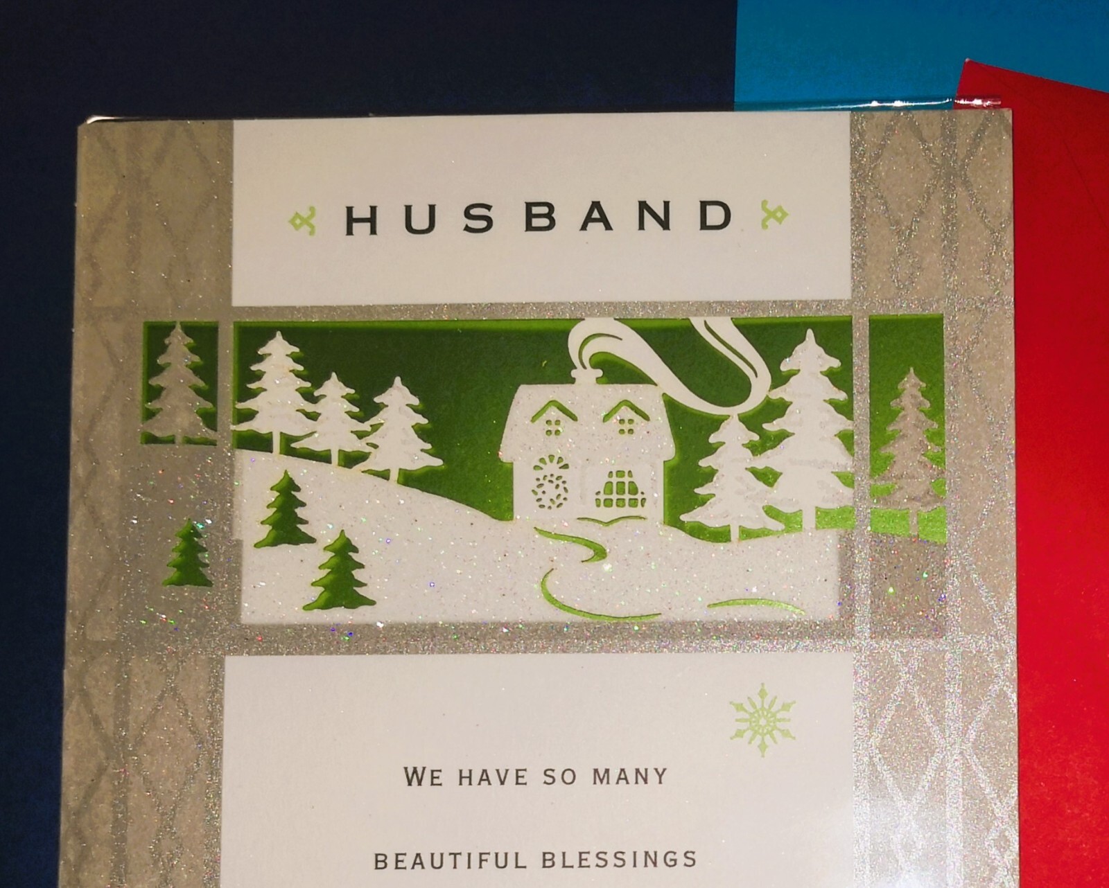 Hallmark Die Cut 3-D House Trees Scene For Husband Christmas Card & Envelope