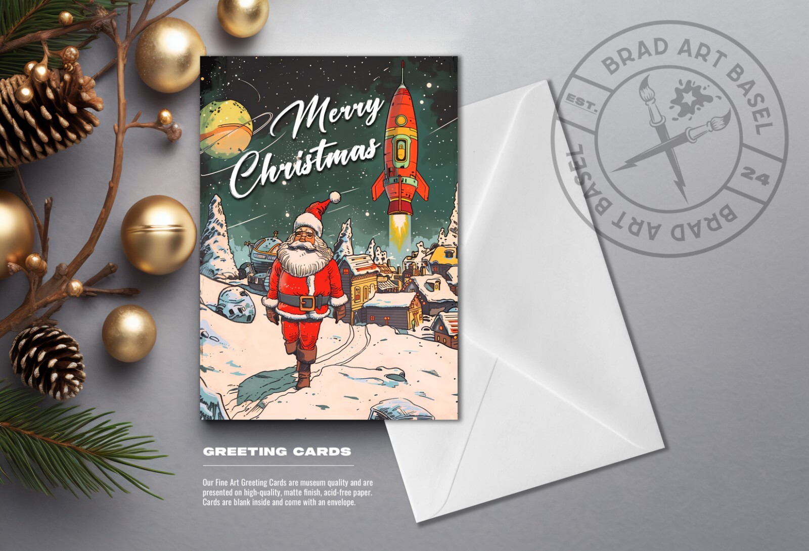 SANTA CLAUS CHRISTMAS Card 4.25X5.5 Matte Finish Choose Greeting MCM ROCKET SLED