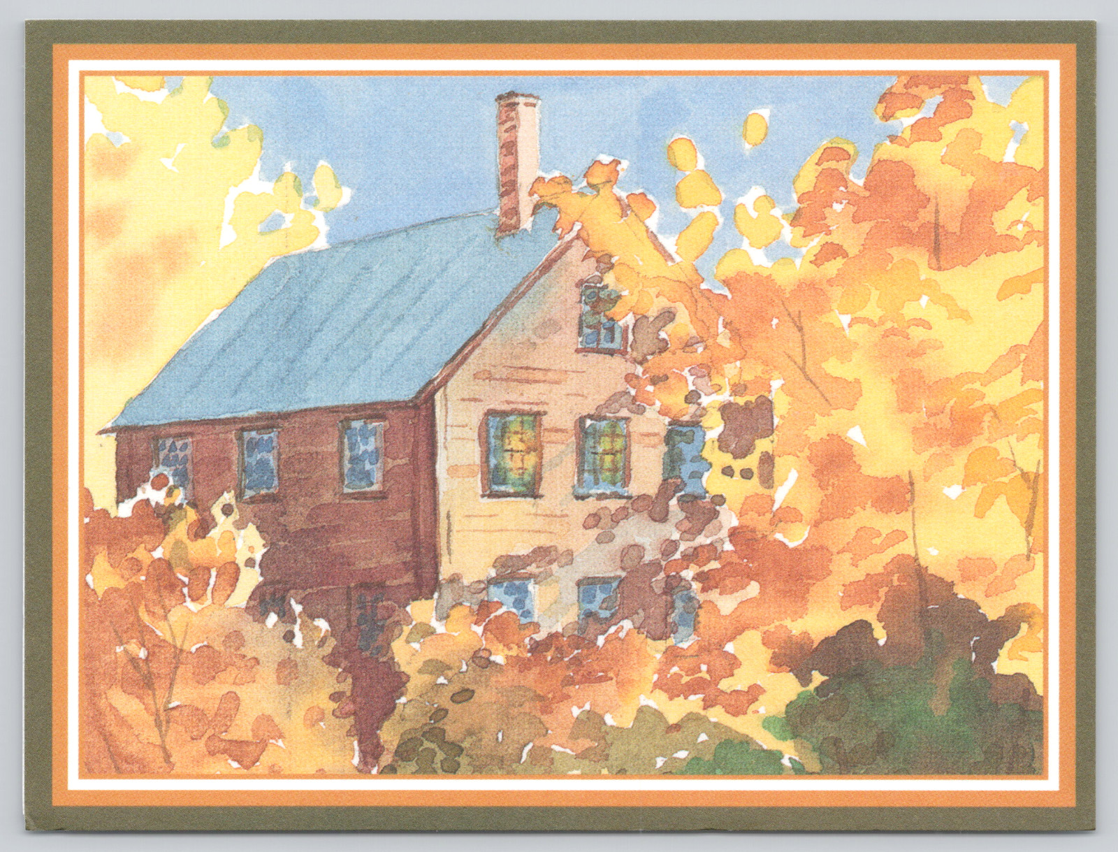 Greeting Card Giffin Russell Autumn Scene Old Farmhouse with Trees in Fall Color