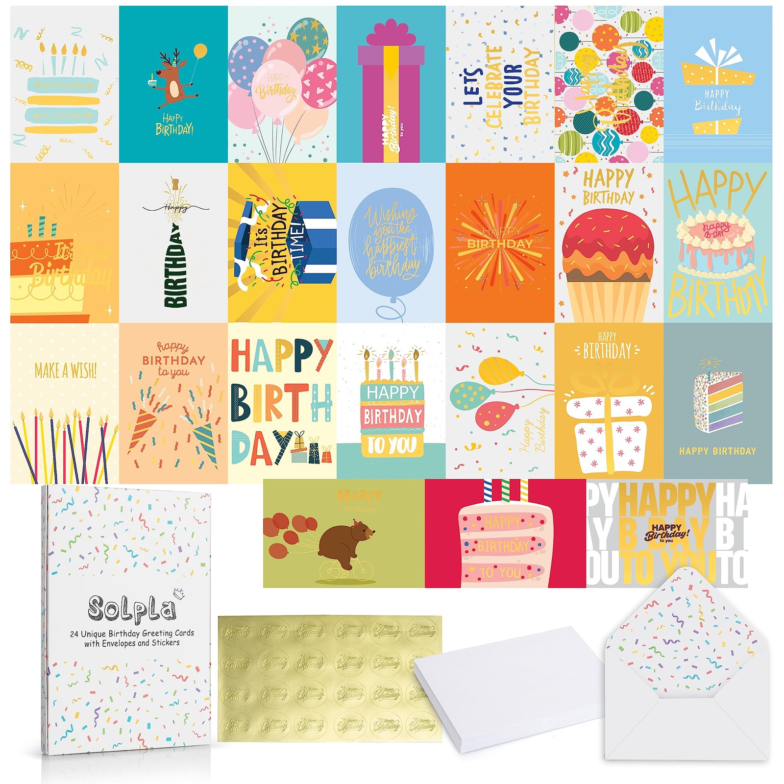 24 Pack Unique Gold Foil Birthday Cards with Envelopes & Stickers 4×6 Inches