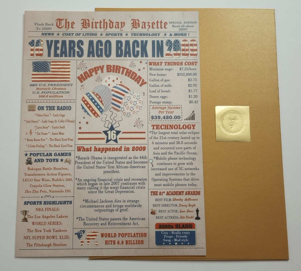 16th Birthday Card Back in 2009 Extra Large Gift with Envelope & Sticker