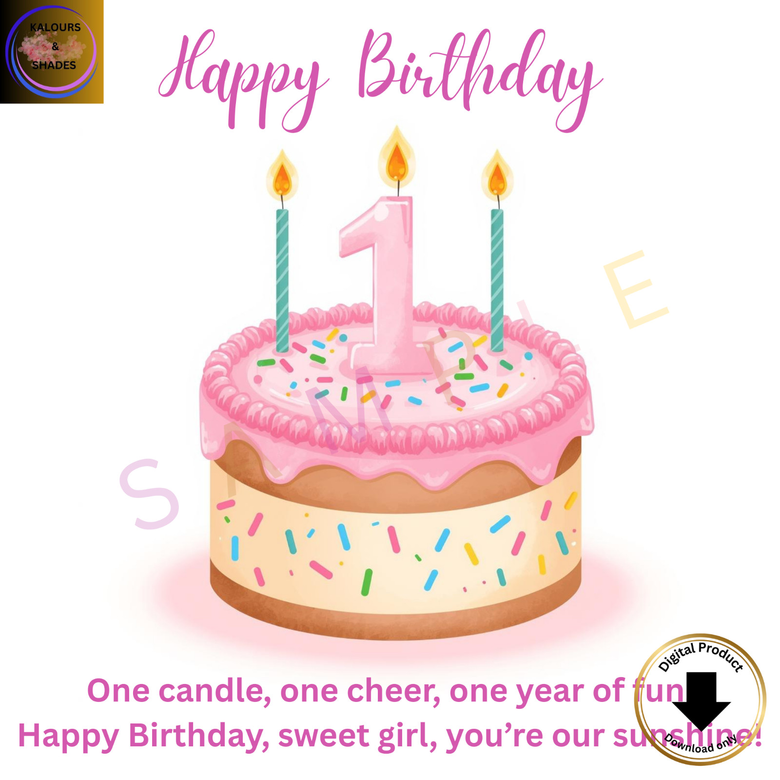 Baby Girl New First Birthday Digital Birthday Card Printable shareable