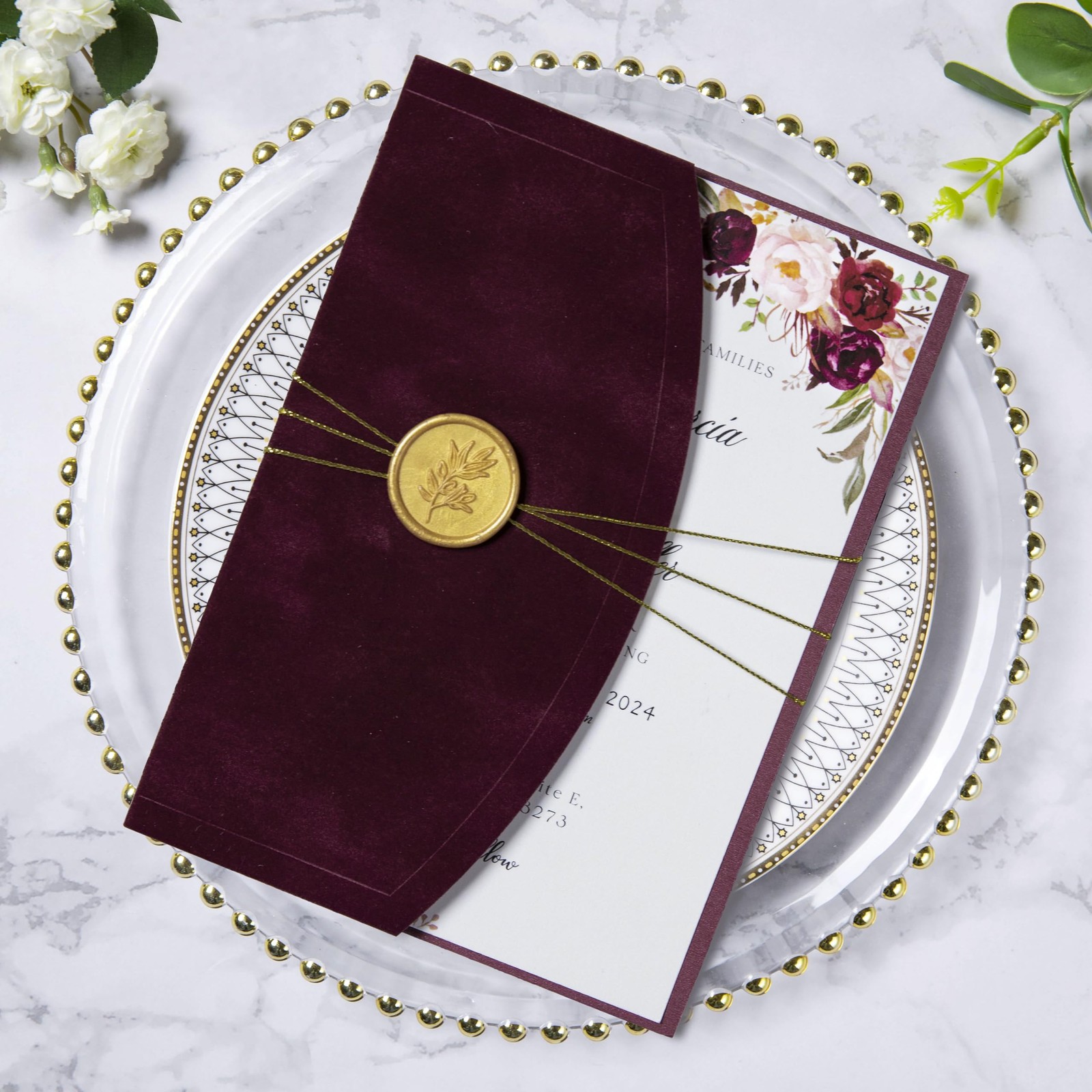 20 PCS Velvet Burgundy Wedding Invitation Cards Kits 5×7 Wrap Pocket Envelopes