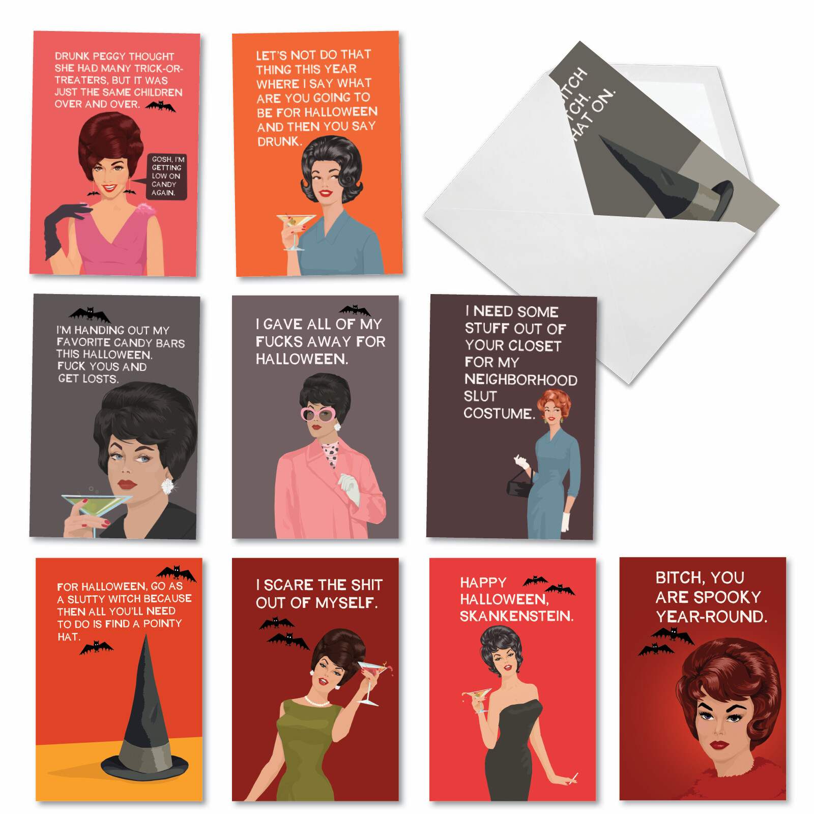 10 Asst’d Set Funny Halloween Cards with Envelopes (10 Designs) Scary and Blunt