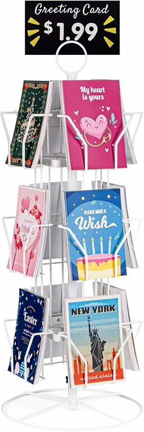 Elegant Rotating Greeting Card Display Rack – 3-Tier Metal Stand in White