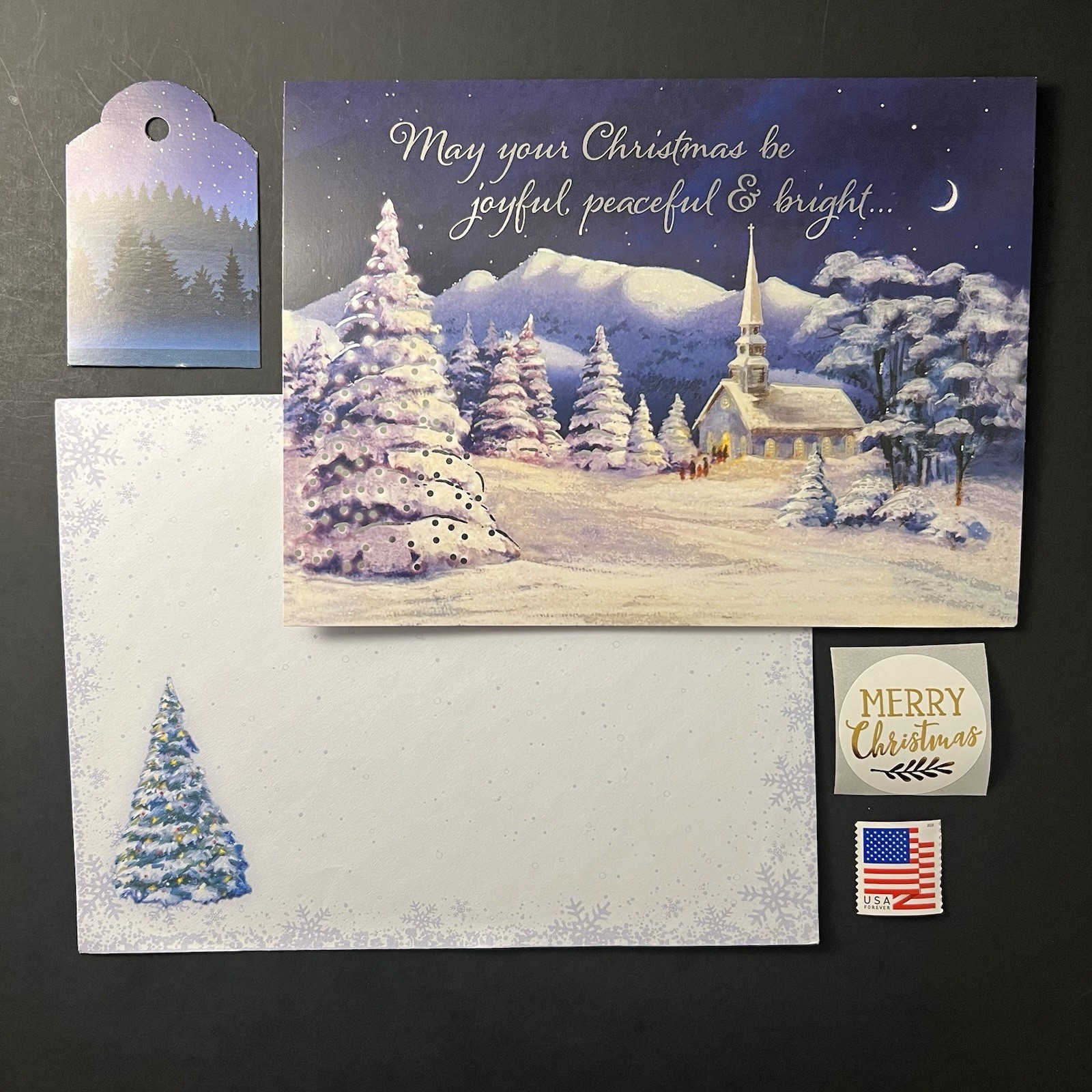 Scenic Winter Church at Night CHRISTMAS Card w/Env/Seal/Gift Tag/Stamp BN Pines
