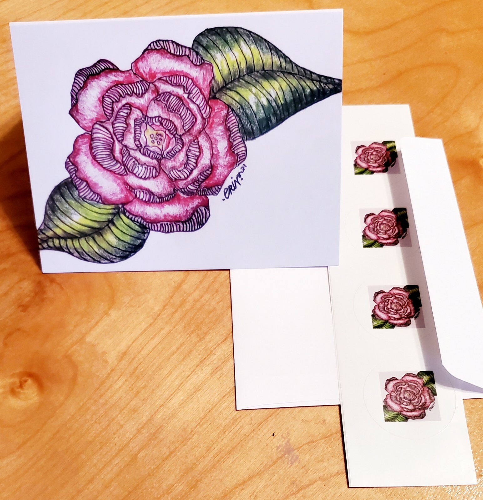 Notecard Original Print Camellia Rose W/Envelope & 4 Matching Seals