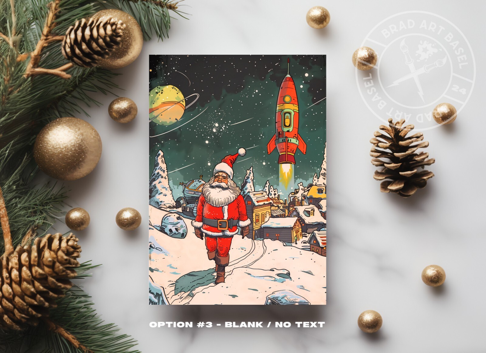SANTA CLAUS CHRISTMAS Card 4.25X5.5 Matte Finish Choose Greeting MCM ROCKET SLED
