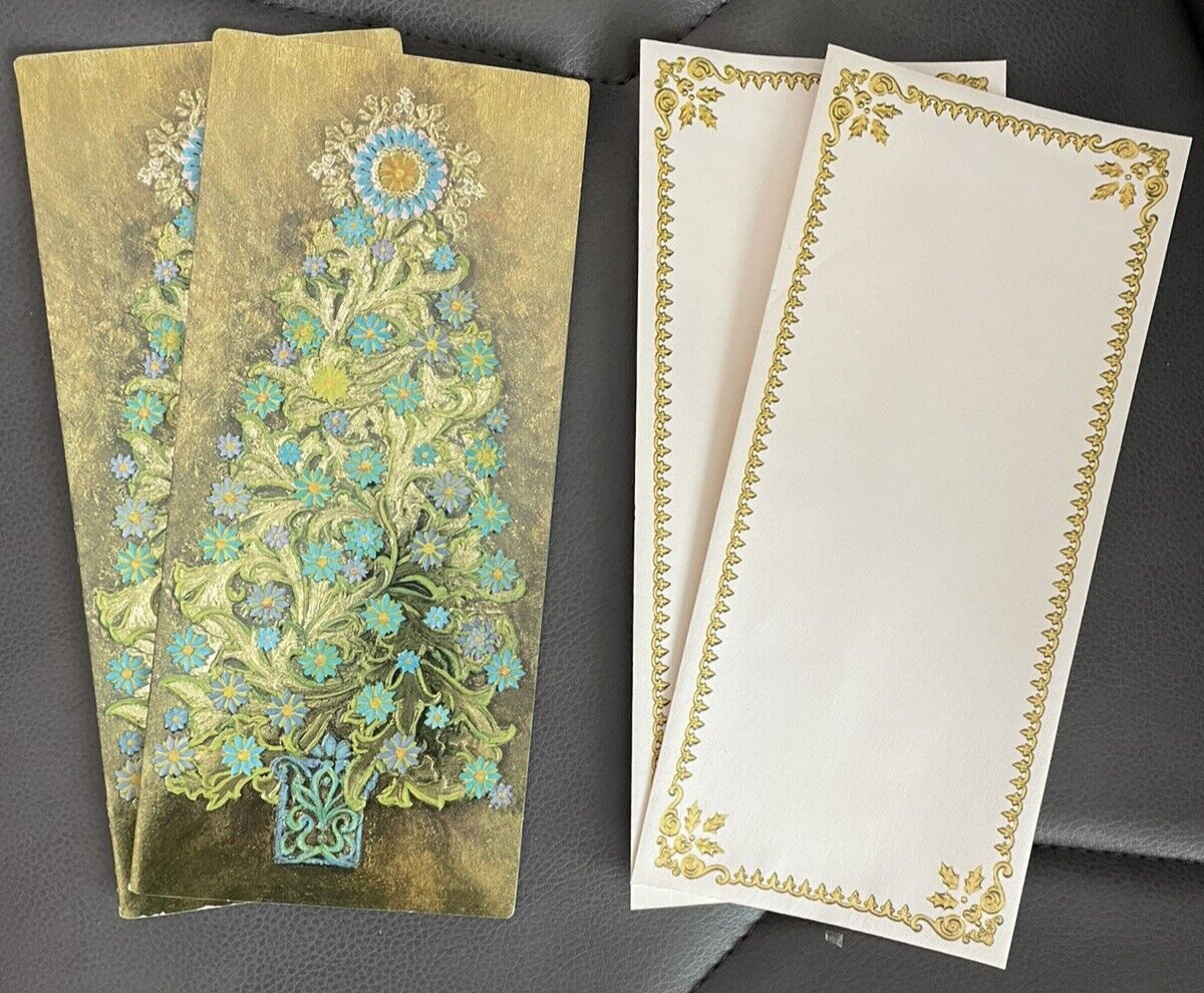 2 Vintage Foil Embossed 1960 Christmas Tree Holiday greeting Card Gold envelopes