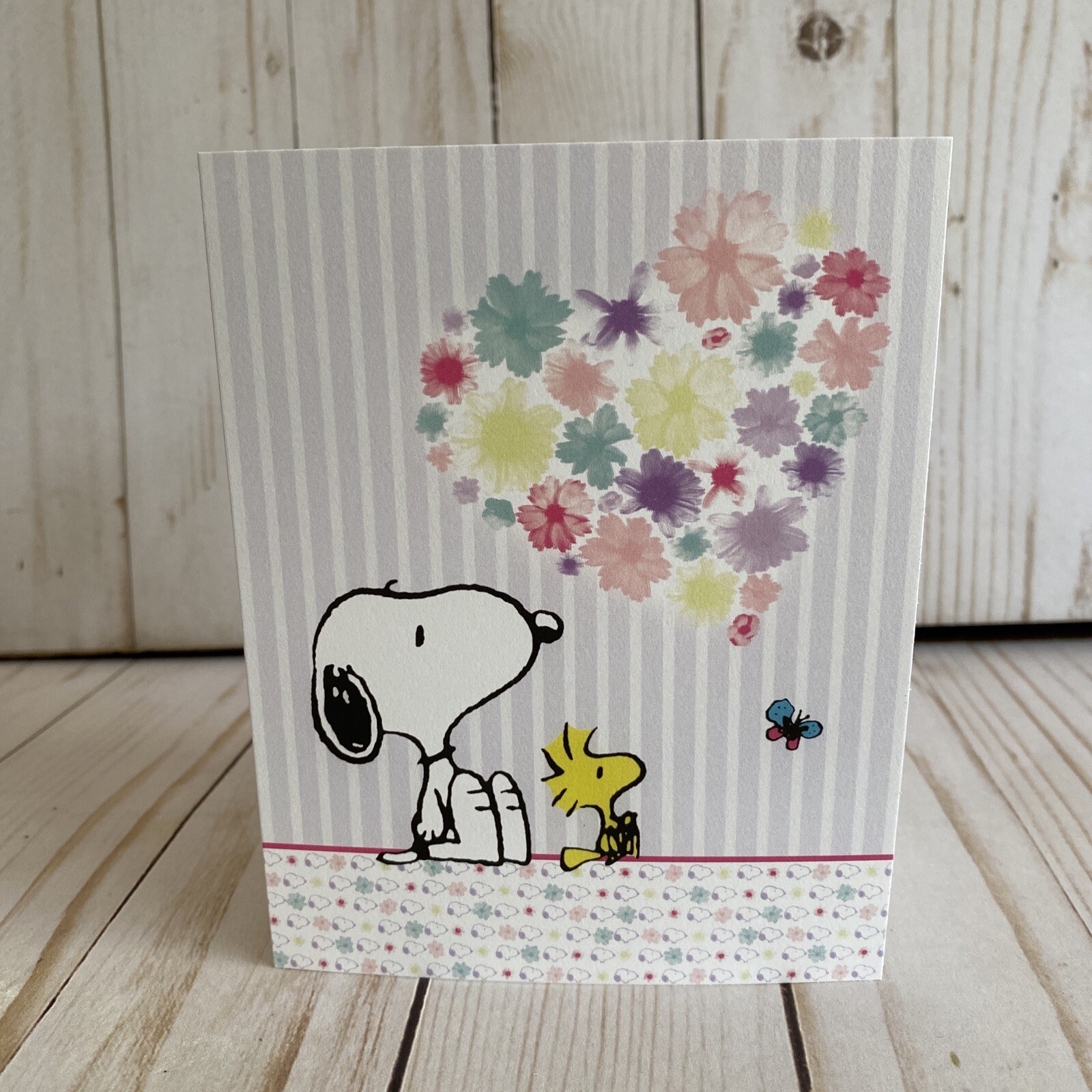 Snoopy + Woodstock Looking At Floral Heart Butterfly Blank Card Keep In Touch