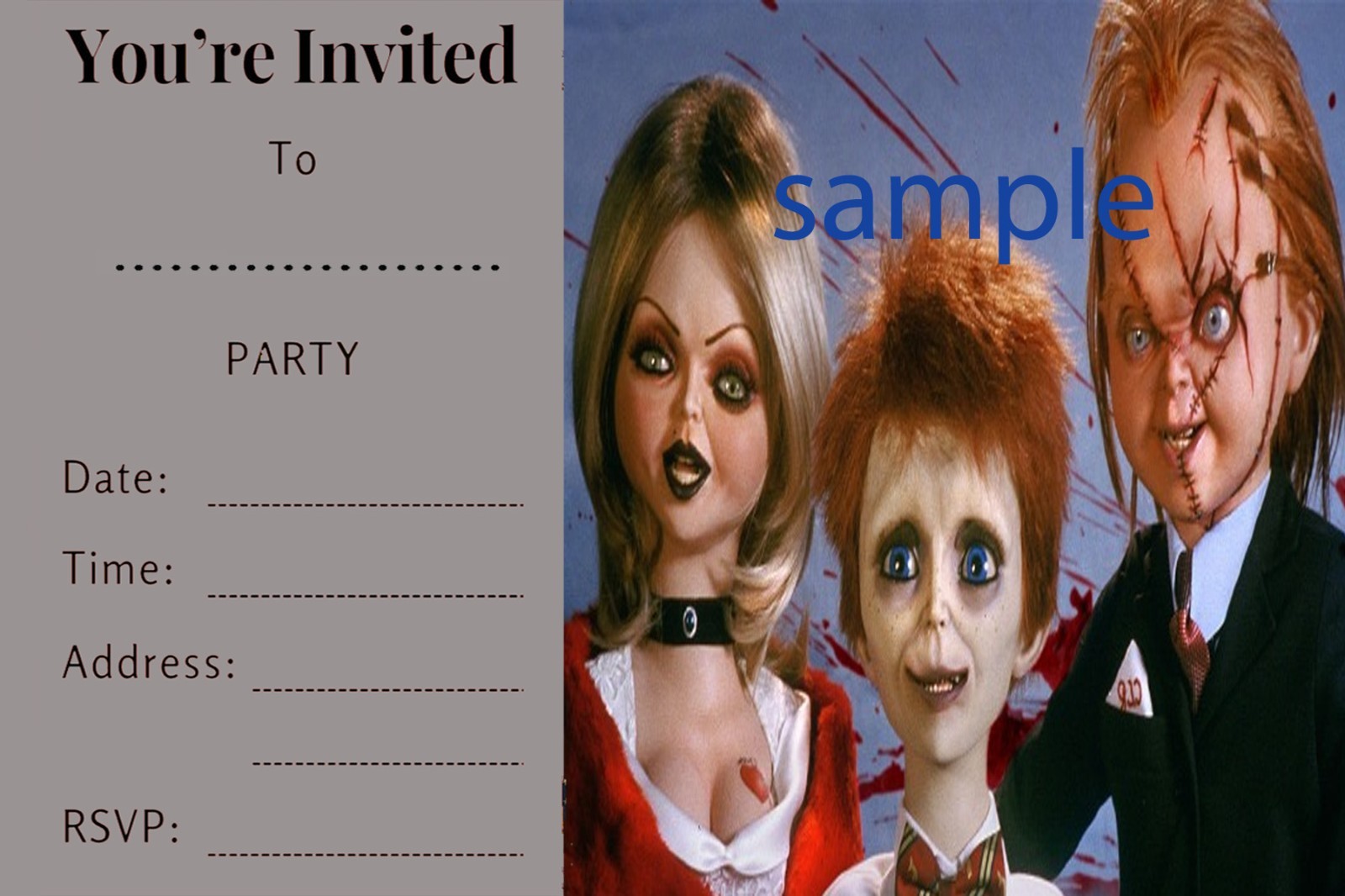 Chucky Bride Glen Birthday party Invitations 12 with envelopes glossy finish