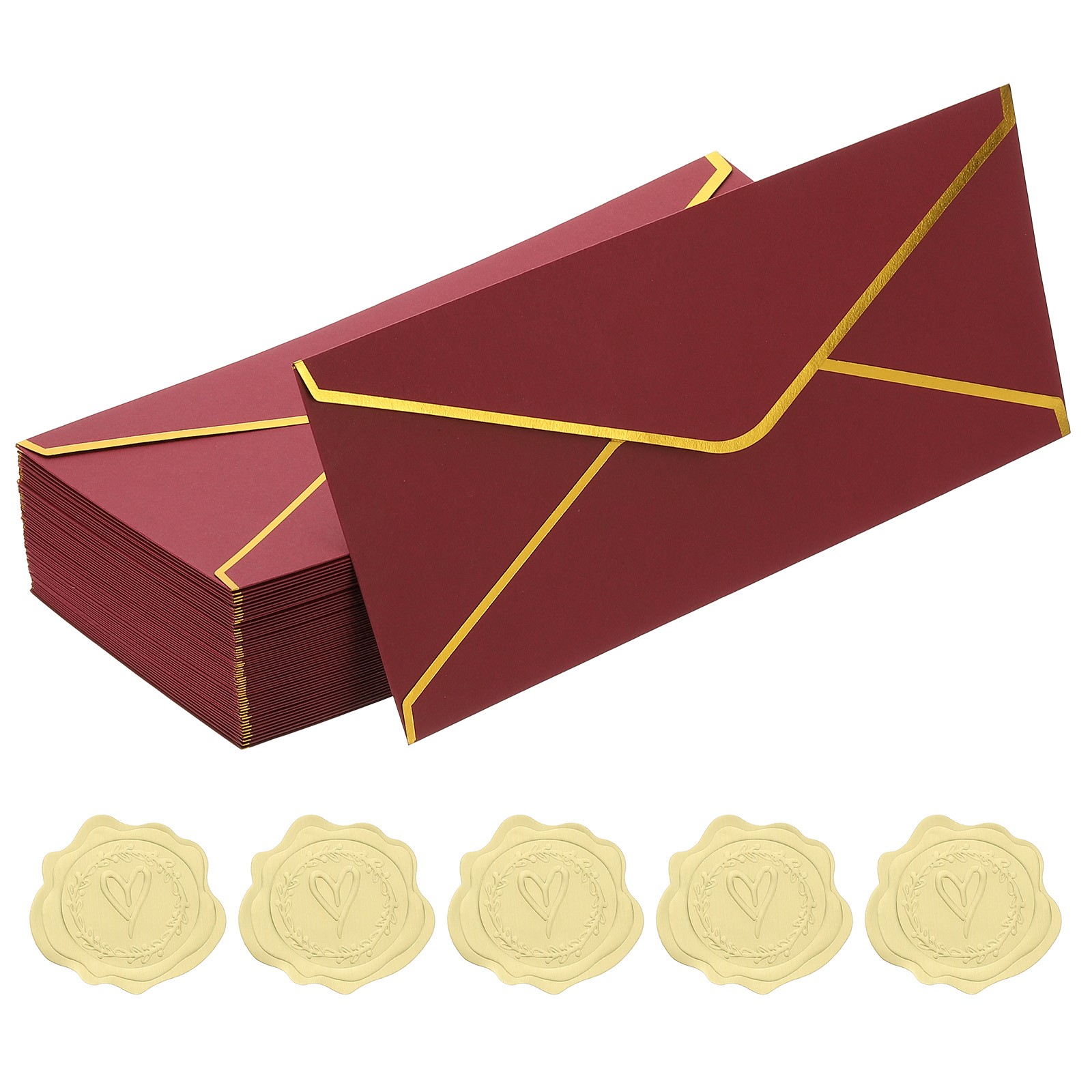 4 1/8 x 9 1/2 Inch Envelopes with Gold Border, 50 Pack V Flap, Burgundy