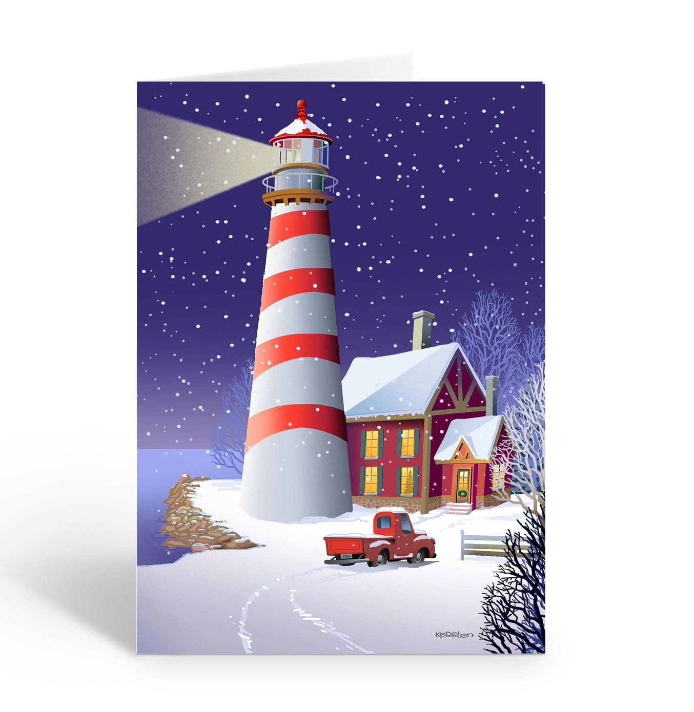 Lighthouse & Cottage Scene Christmas Card – 12 Cards w/Envelopes – 6.25″ x 4.25″