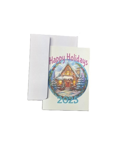 Christmas 2025, stained glass, bright colored Christmas Card w/ envelope snow