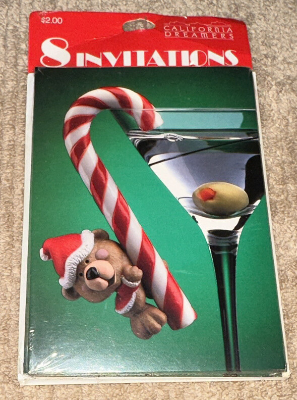 Vtg 1985 California Dreamers Bear & Candy Cane Martini 8 Christmas Invitations