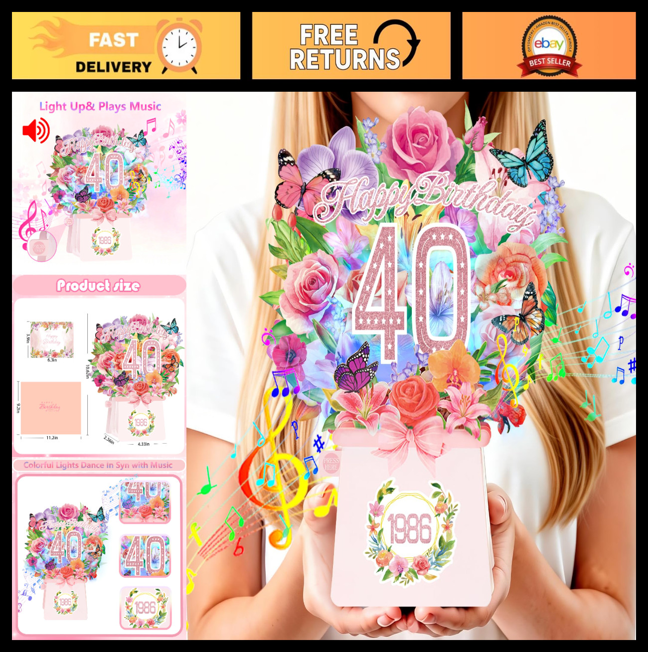 3D Pop Up 40th Birthday Card with Music & Light – Floral Bouquet Gift for Women