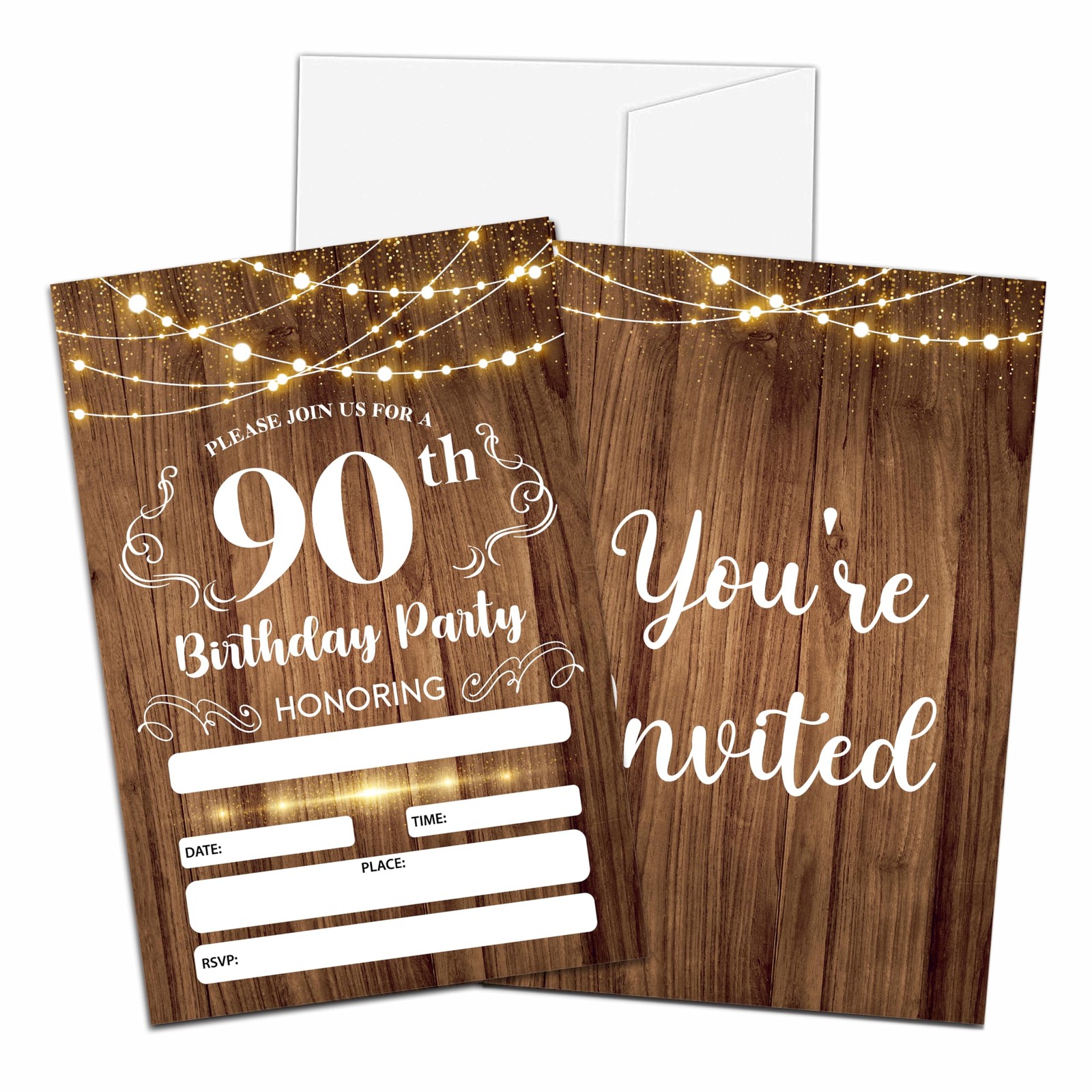 20 PCS 90th Birthday Invitations Rustic Wood Theme Party Decor Envelopes