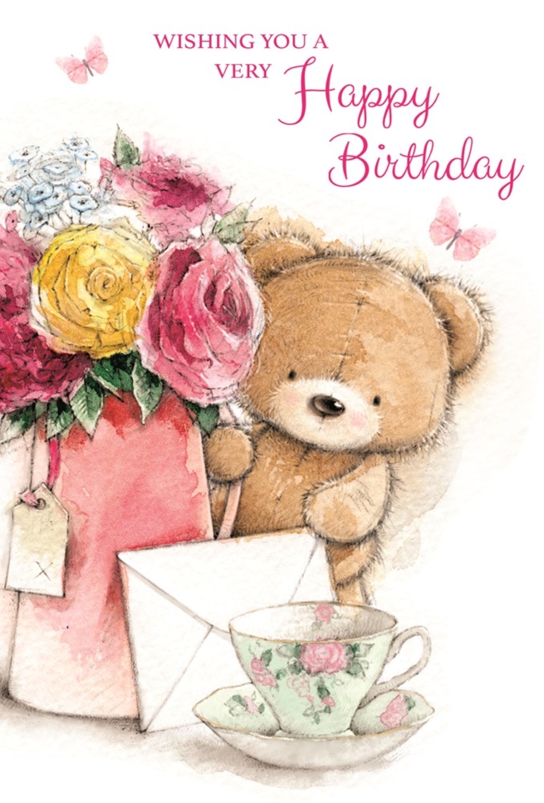 Open Female Birthday Card – Brown Bear Flowers in Jug and Tea Cup 7.75×5.25″