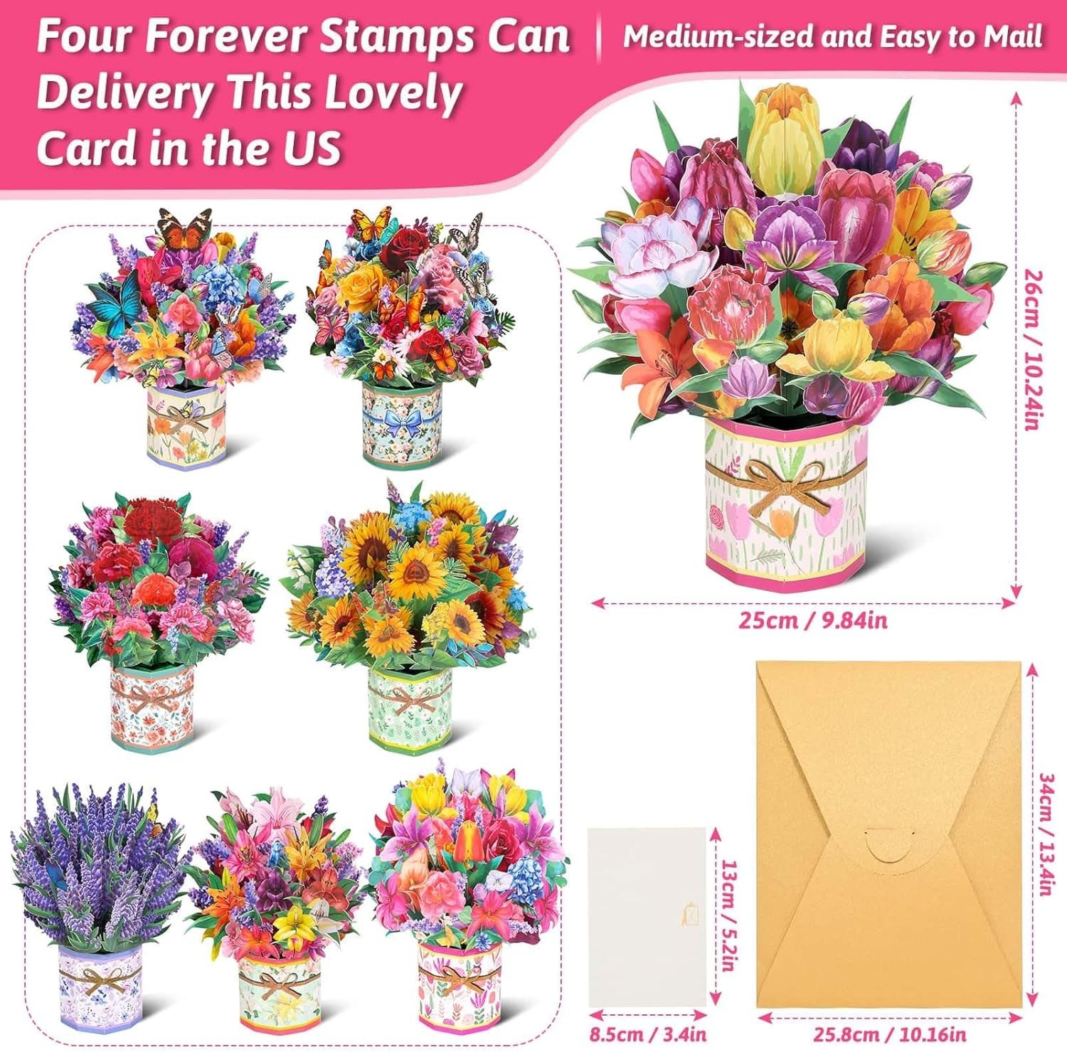 Assorted Flower Bouquet Pop-Up Cards, Perfect for Mother’s Day & More, 8 Count