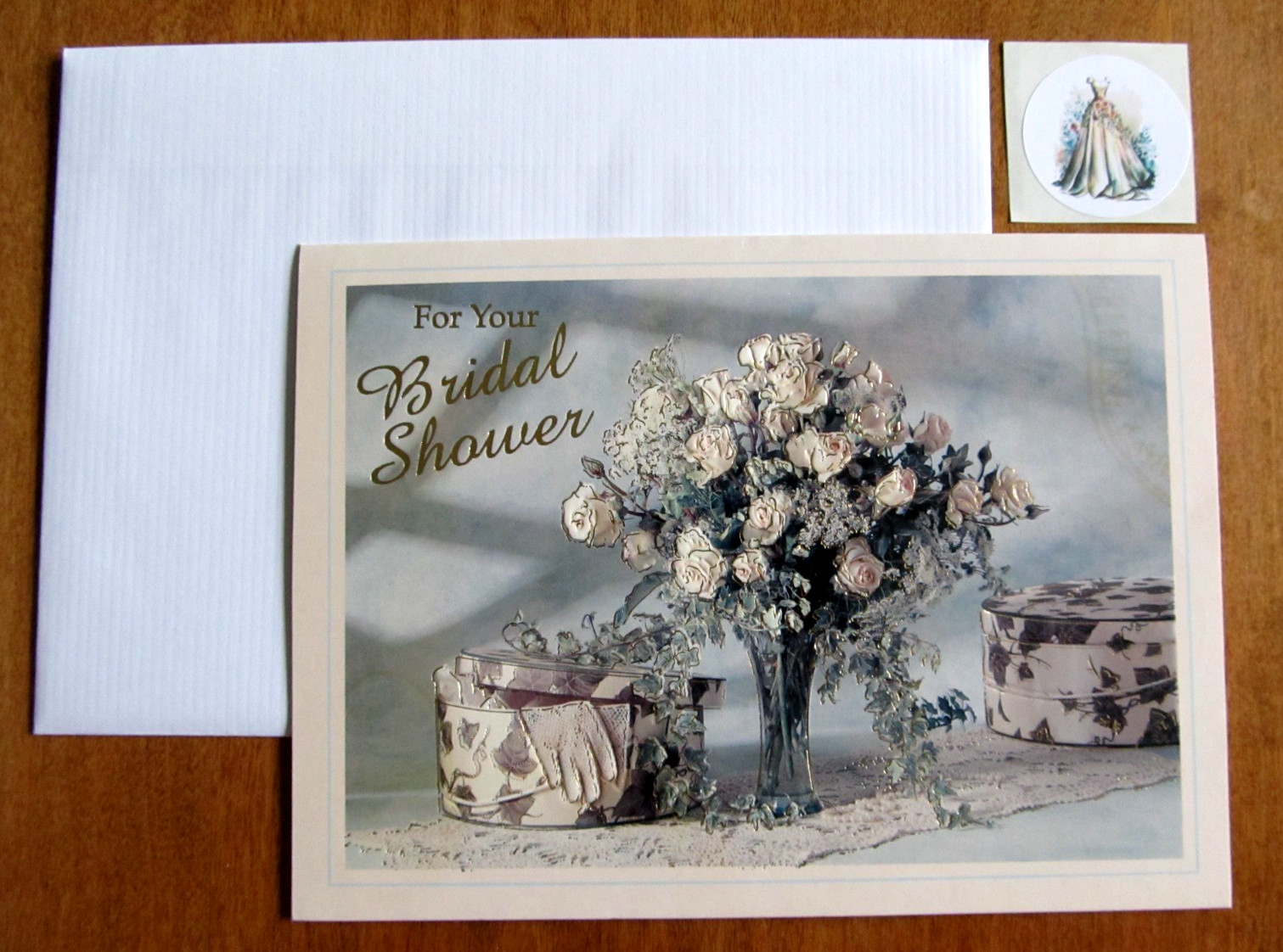 NOS Bridal Shower Greeting Card, Env. & Seal – Pretty White Roses – Silver Accts