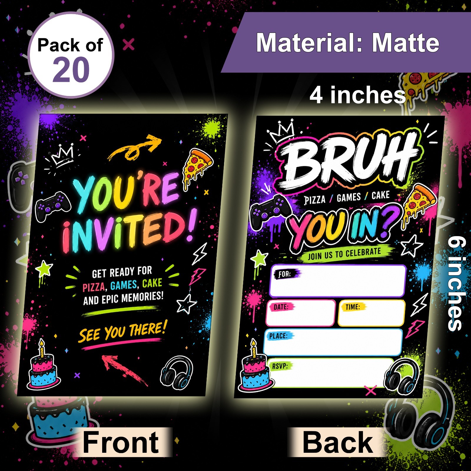 Gaming Birthday Party Invitations Neon Video Game Invite Cards 20 Pack Fill-in