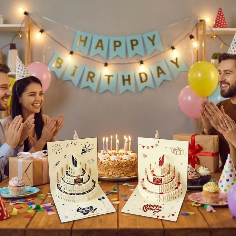 Blue 3D Pop Up Birthday Cake Cards Foldable Greeting Card for Kids Adults