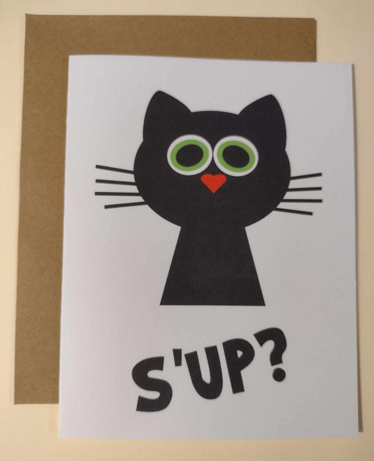S’up? Cute Black Cat Greeting Card, 4.25″ x 5.5″, A2 Size, Blank Inside