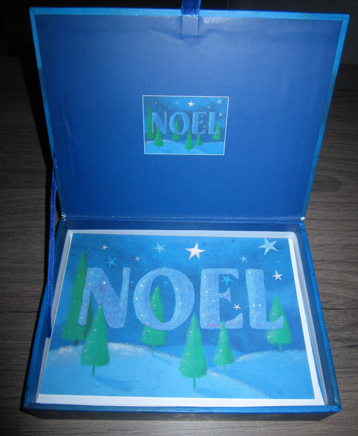 Peter Pauper Press “Noel” glitter Christmas cards in box, 11 cards w envelopes