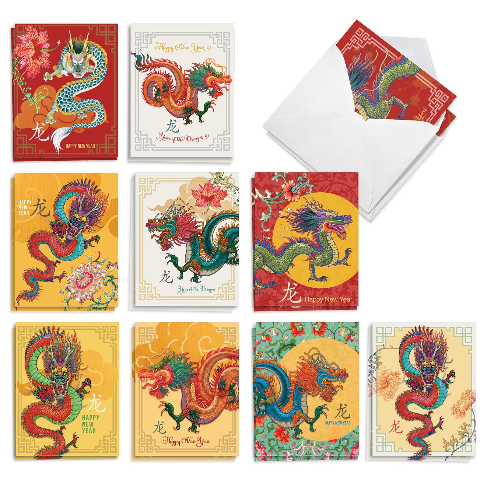 20 Asst’d Lunar New Year Cards Set 4×5.12″ w/Env. (10 Designs) Fanciful Dragons