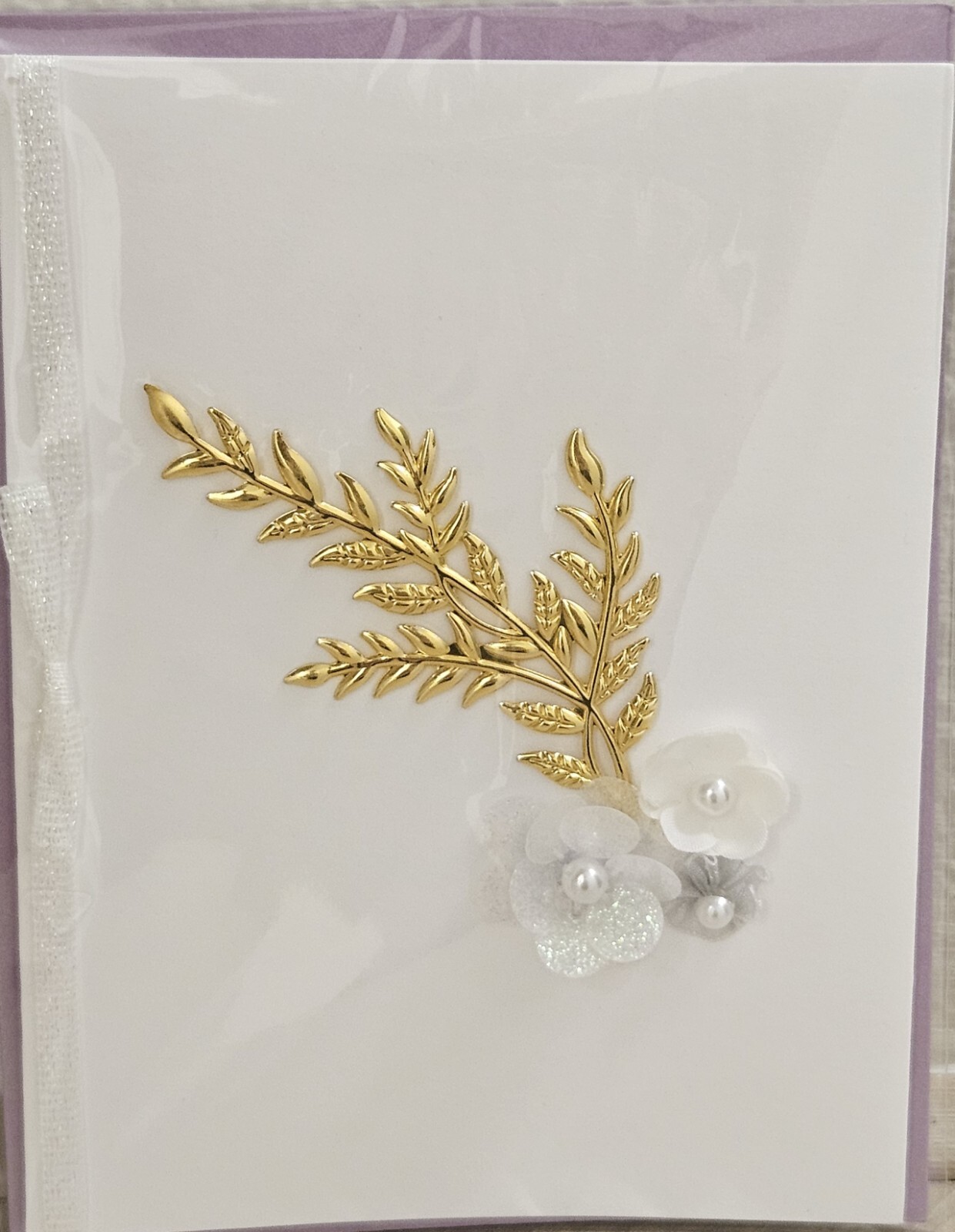 PAPYRUS 3D FLOWERS GOLD LEAF FAUX PEARL BLANK INSIDE CARD