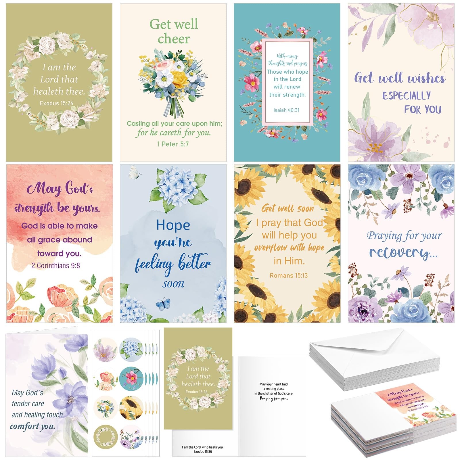 Motiskyy 24 Pack Religious Get Well Cards with 4 x 6 inches, multicolor
