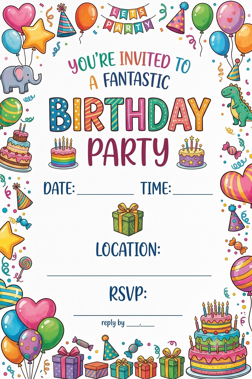 Children’s Birthday Invitation Template Colorful 4×6 Pack of 20 Cards