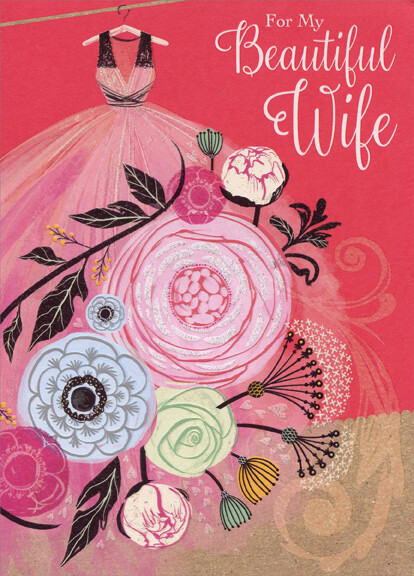 Pink Dress and Multi-Colored Flowers Wife Valentines Day Card