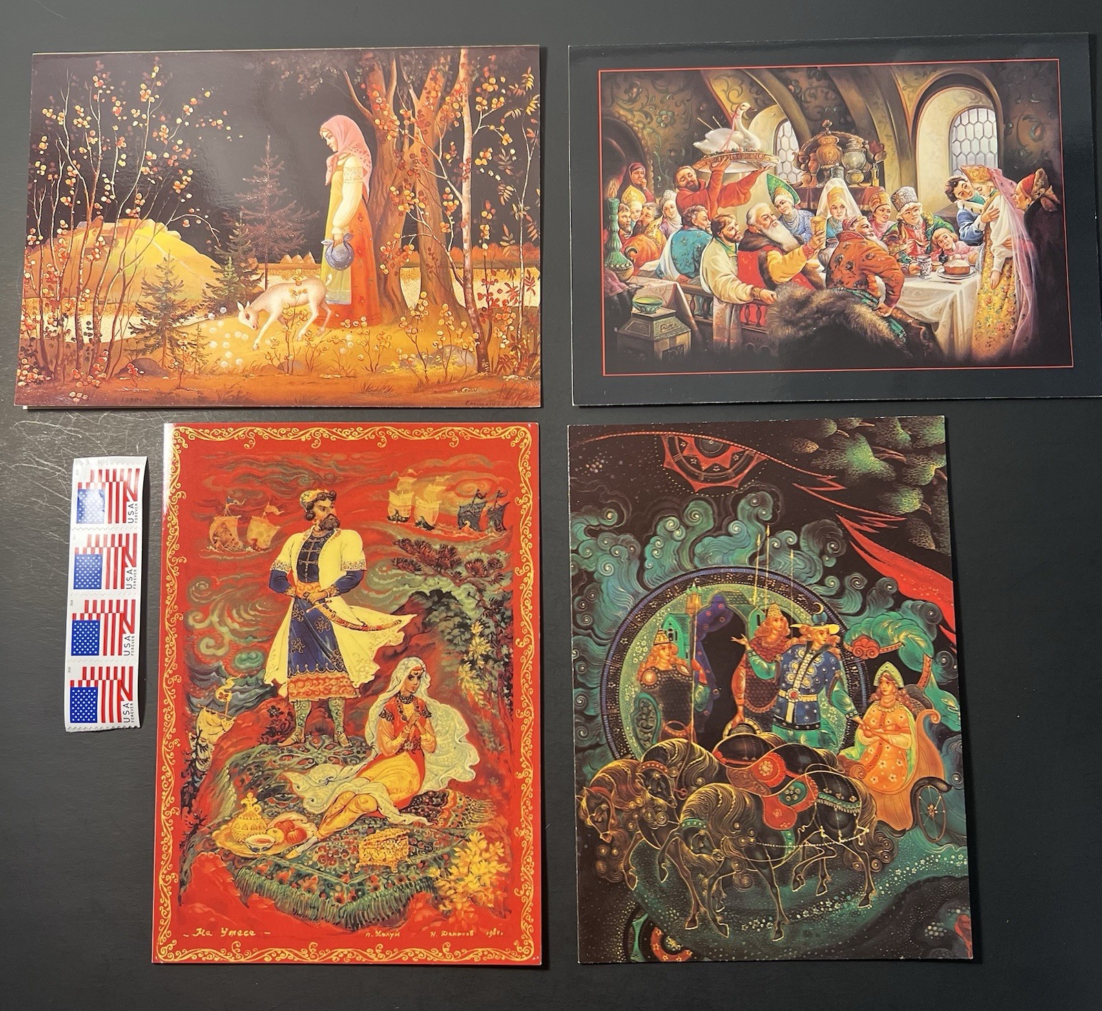Vintage Russian Lacquer Legends & Fairy Tales Art Cards – Set of 4 w/Env/Stamps