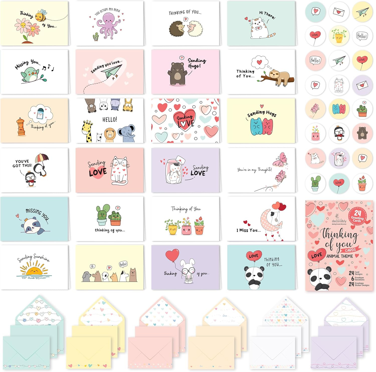 24 Pack Assorted 6X4In Animal Thinking of You Cards with Envelopes and Stickers,