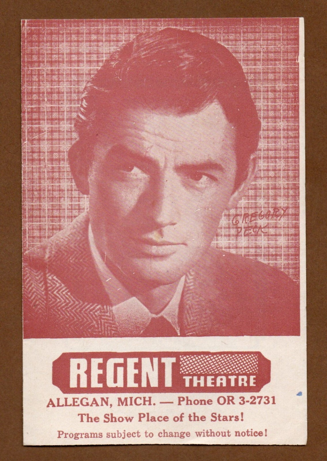 Regent Theater Handbill Flyer Advertisement, Vintage 1963, Gregory Peck