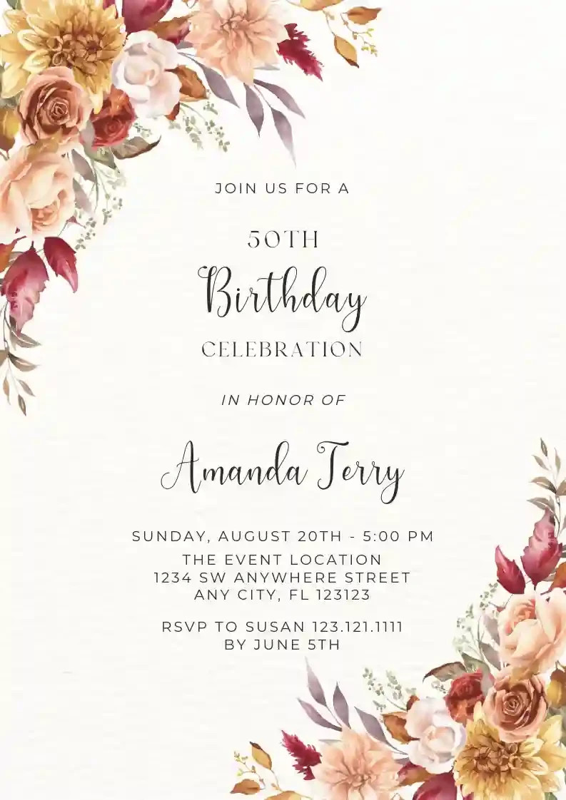 Digital Flowers Floral Birthday Party Invitation Personalized Texts 1