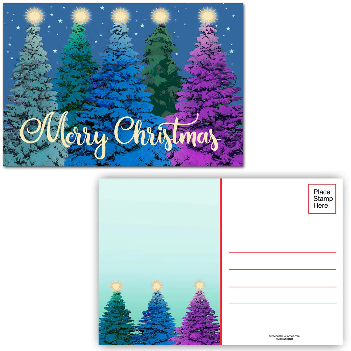 Pretty Colorful Forest Trees Christmas Postcard – 40 Holiday Postcards – 17115