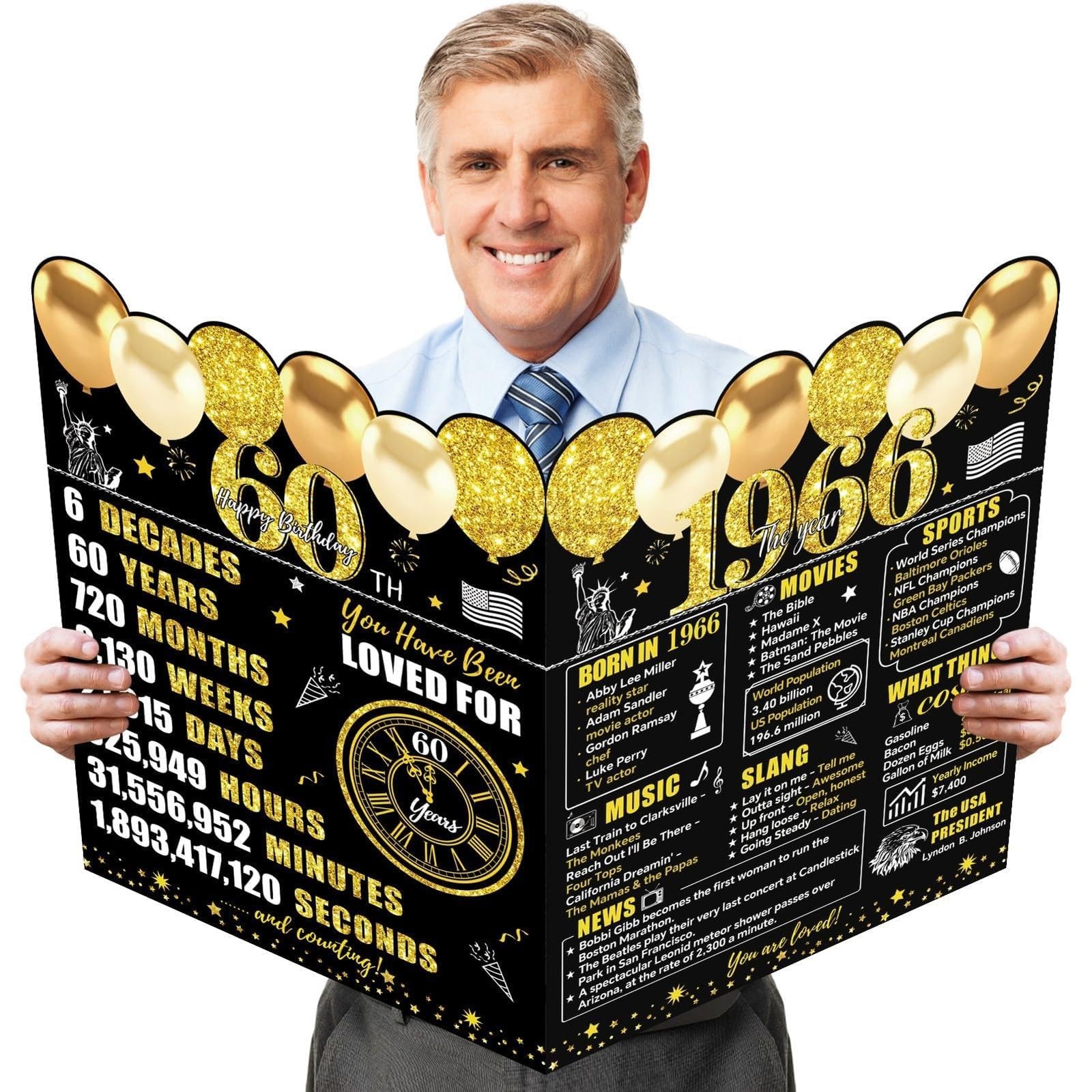 Large 60Th Birthday Cards with Envelope for Men Women, Black Gold Vintage 1966 6