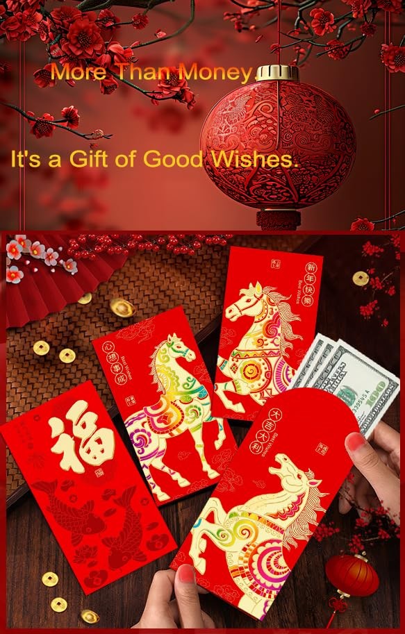 36 Pcs Chinese New Year Red Envelopes of 2026, Year of the Horse Design with …