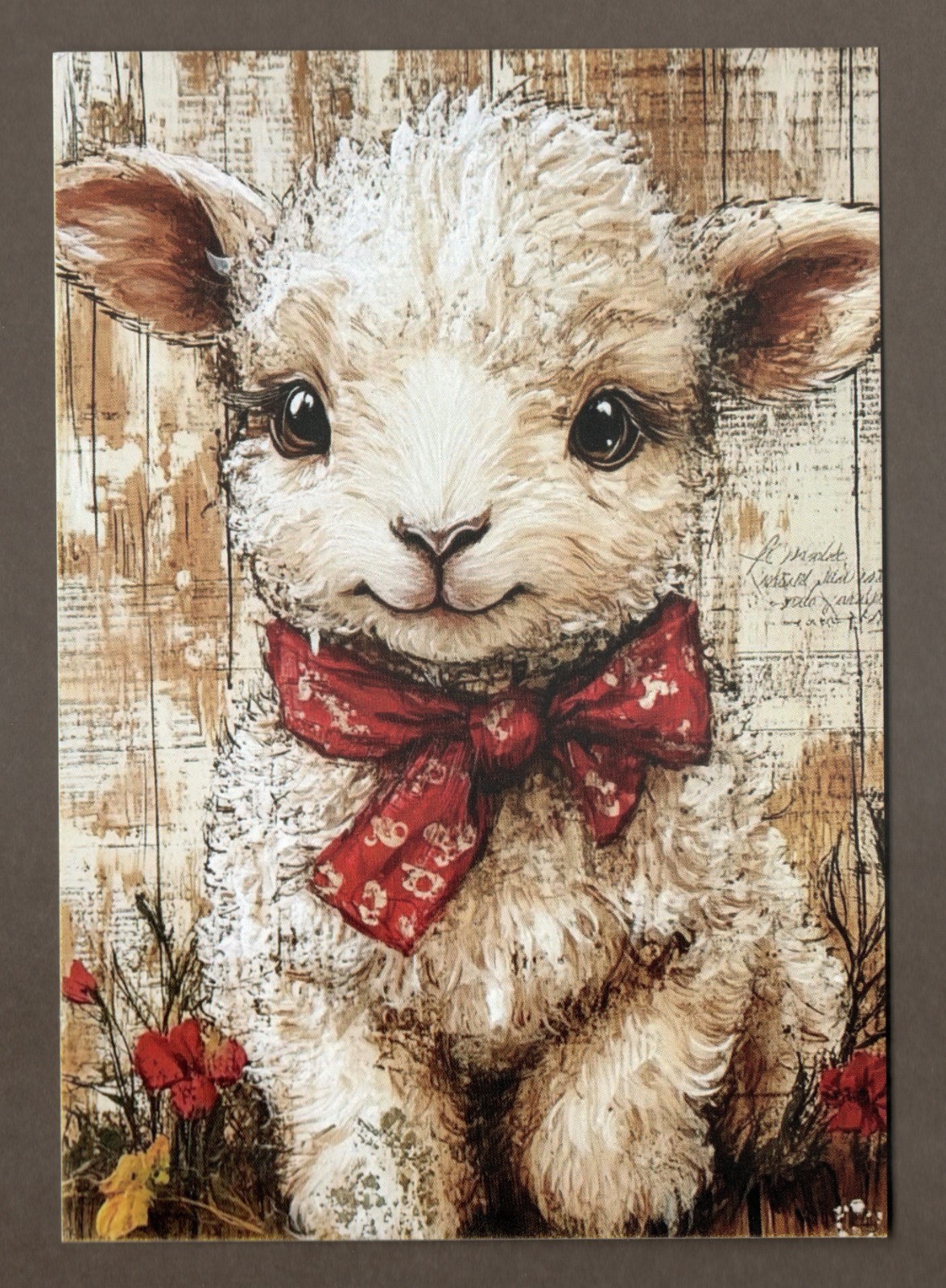 Cute Rustic Baby Lamb Mini Art Print or Postcard, 5.5″, Red Bow & Flowers