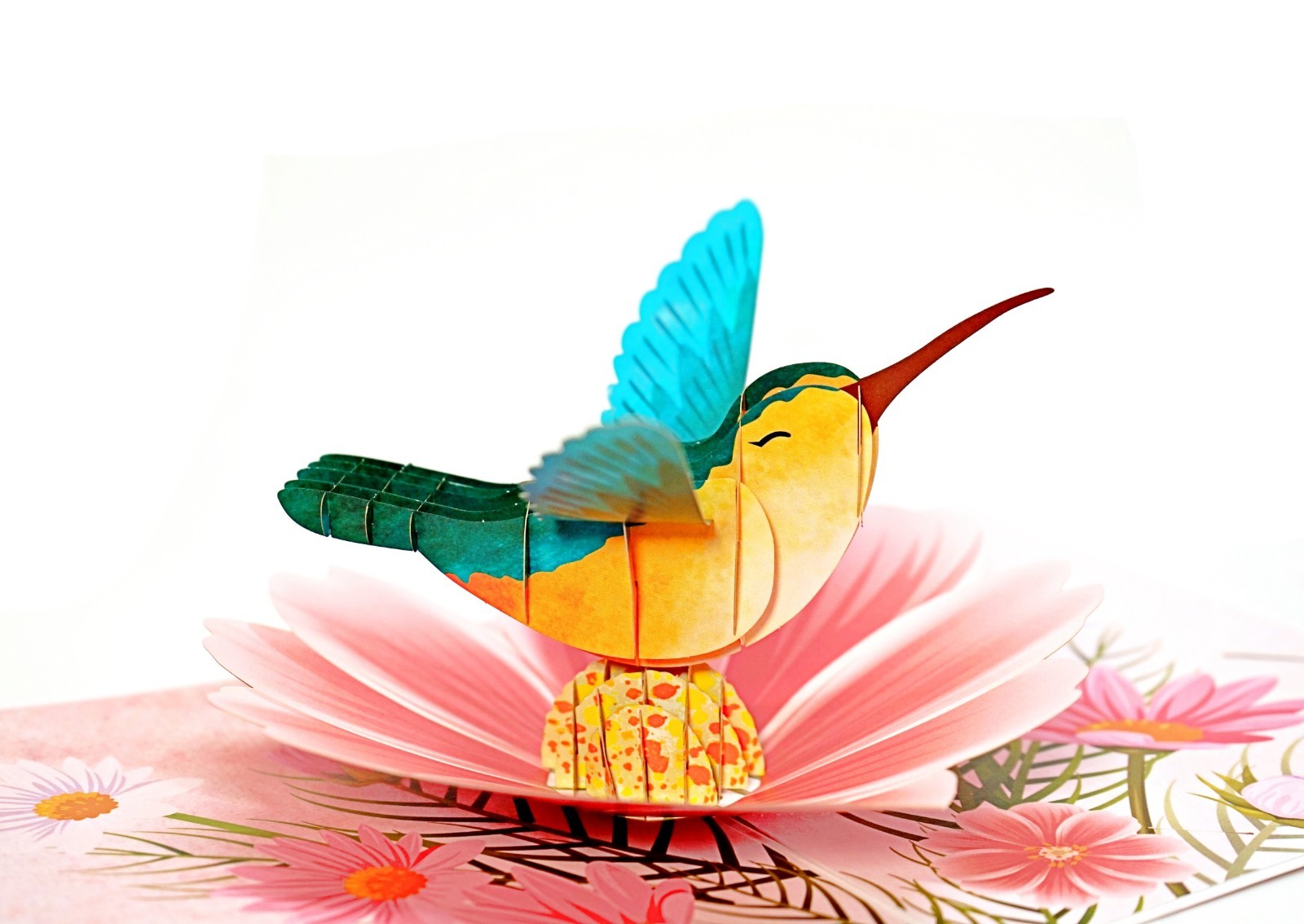 3D Pop Up Greeting Card Hummingbird Flower Floral Birthday Get well Thank you