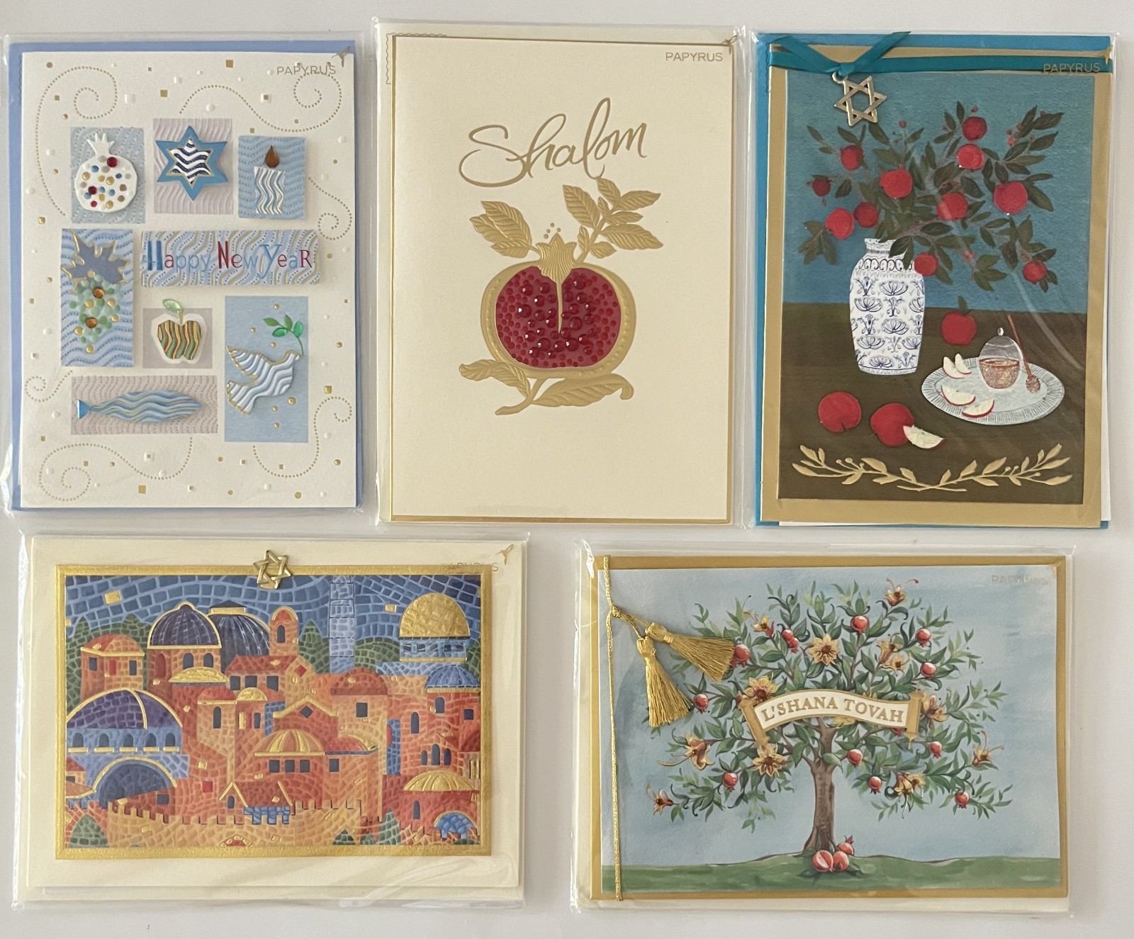 NEW 5 LOT OF PAPYRUS ROSH HASHANAH L’SHANA TOVA JEWISH NEW YEAR GREETING CARDS