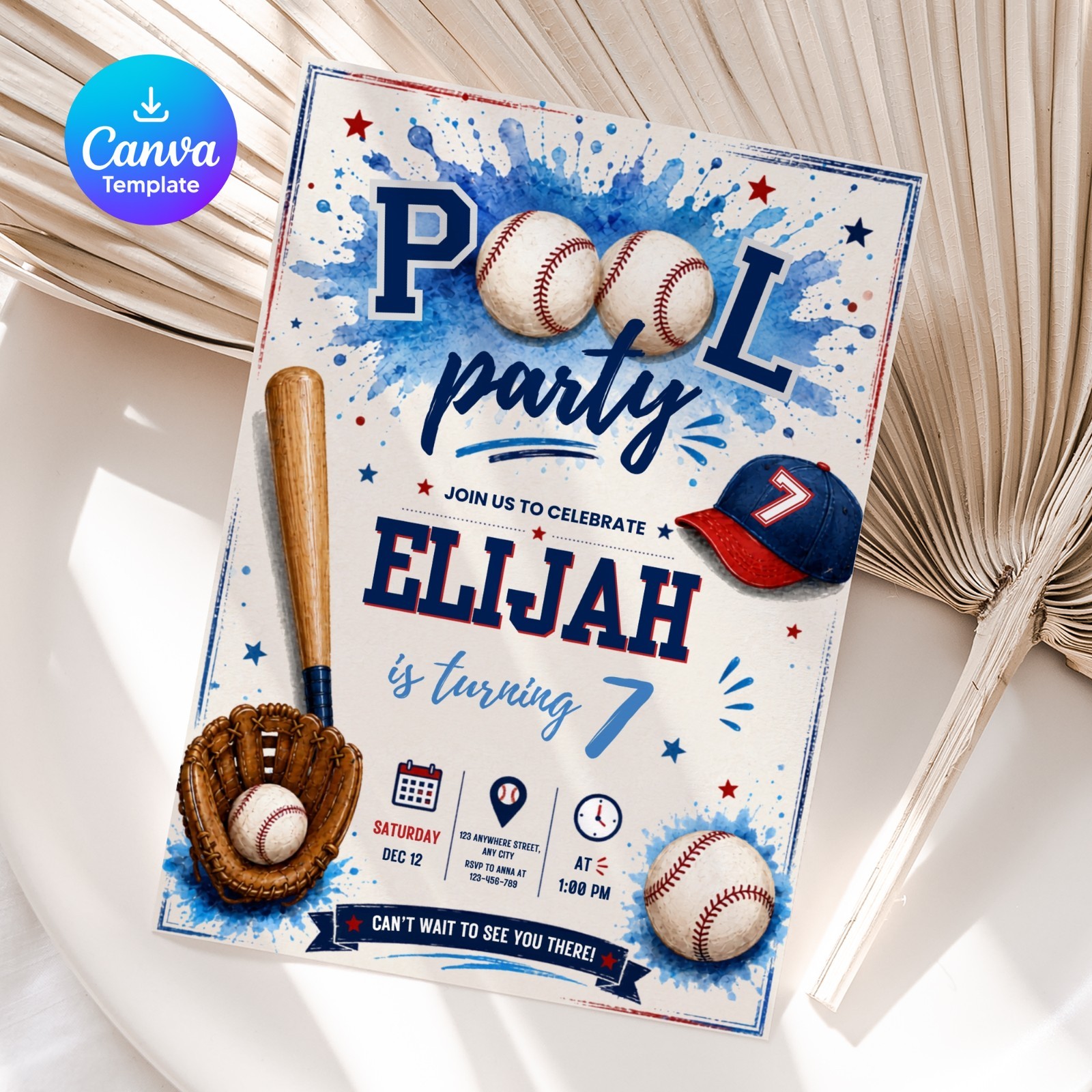 Baseball Pool Party Invitation Editable Canva Template Printable 5×7 Digital