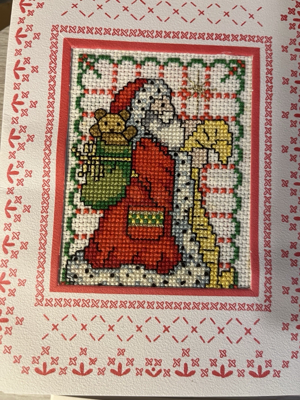Cross Stitch “Santa Claus” Christmas Card W/ Envelope And Greeting