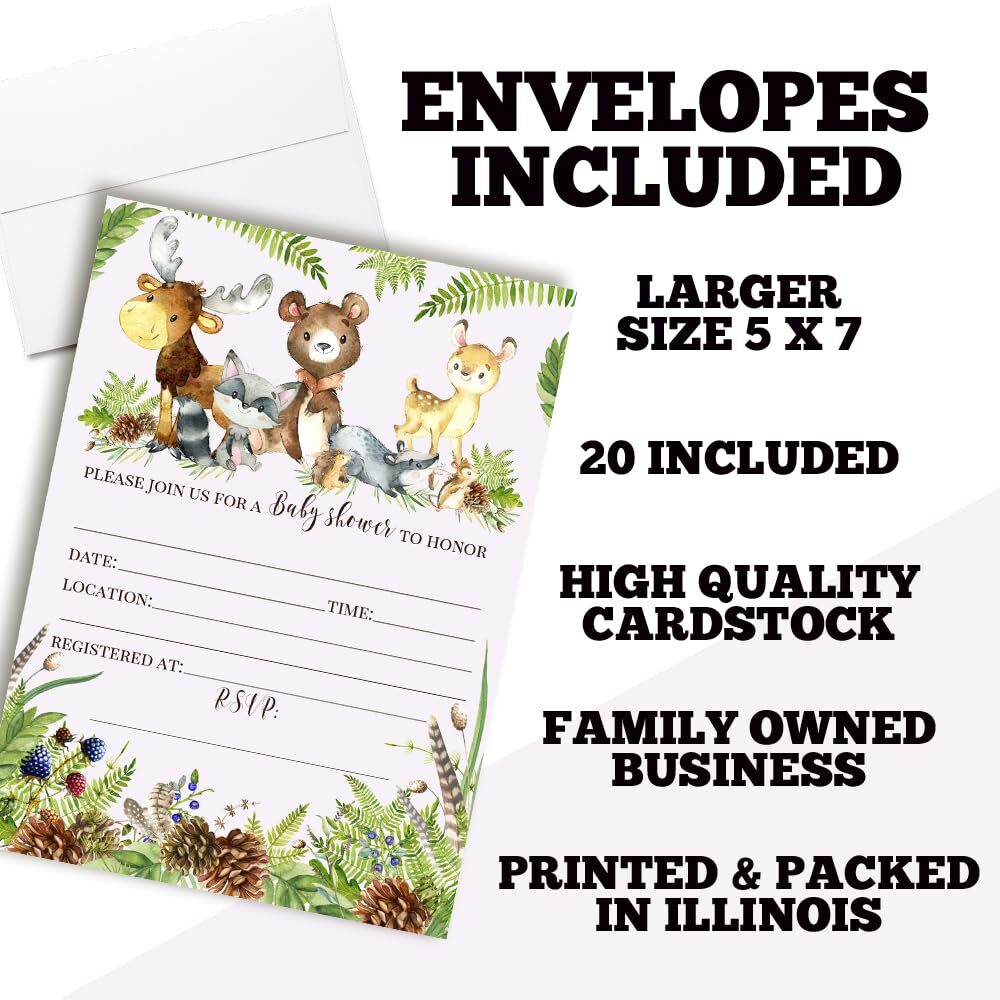 20PCS Woodland Forest Animals Baby Sprinkle Invitations 5×7 Cards Envelopes