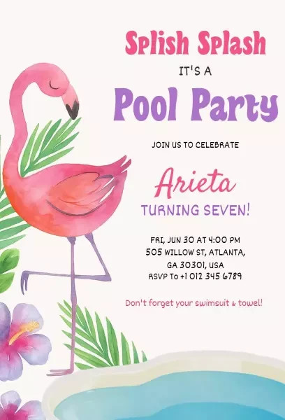 Digital Pool Party Colors Birthday Party Invitation Personalized Texts 2